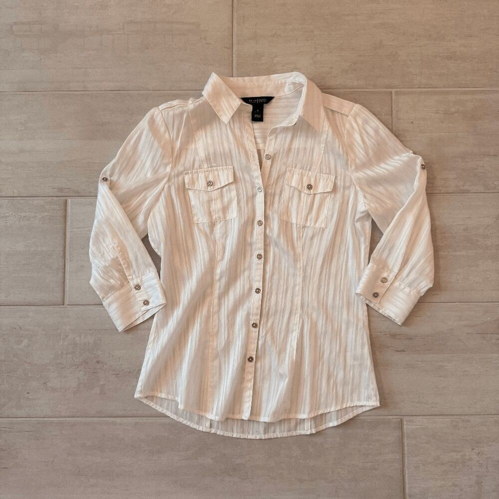 White House Black Market Blouse Long Sleeve Striped Button Down 4 Tunic Pockets